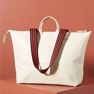 Clare V Le Zip Sac Supreme Tote Bag White Rustic Cotton Red Strap
